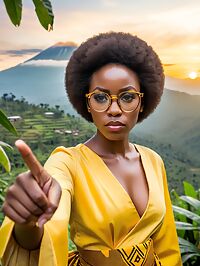 African woman with huge afro stands amidst mountain gorillas in Rwanda's dawn light