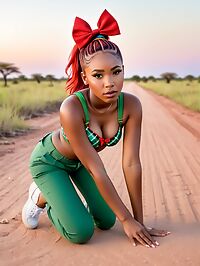 A young woman with rainbow hair takes off her top in the park's evening light