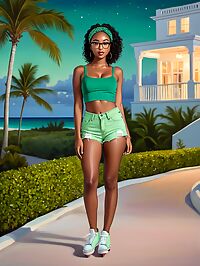 Black woman with enchanting features enjoys the early morning at Emara Estate in Turks and Caicos